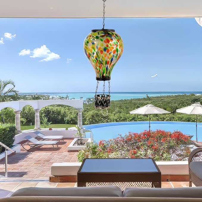 Starsoul Hot Air Balloon Solar Lantern Glass Outdoor Hot Air Balloon Solar Flickering Flame Light Waterproof Hanging Lantern for Garden Yard Patio Decorations