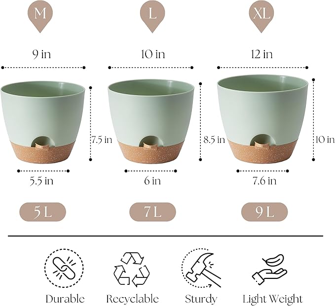 Giraffe Creation Plant Pots Set of 3 (12/10/9 inch), Self-Watering Indoor & Outdoor Flower Planters with Drainage Hole and Reservoir, Green
