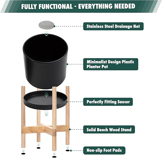 D'vine Dev Planter Pot with Stand - 14 Inch Plastic Cylinder Flower Pot with Wood Planter Holder for Indoor, Matte Black Pot + Natural Stand, 55-C-S-2