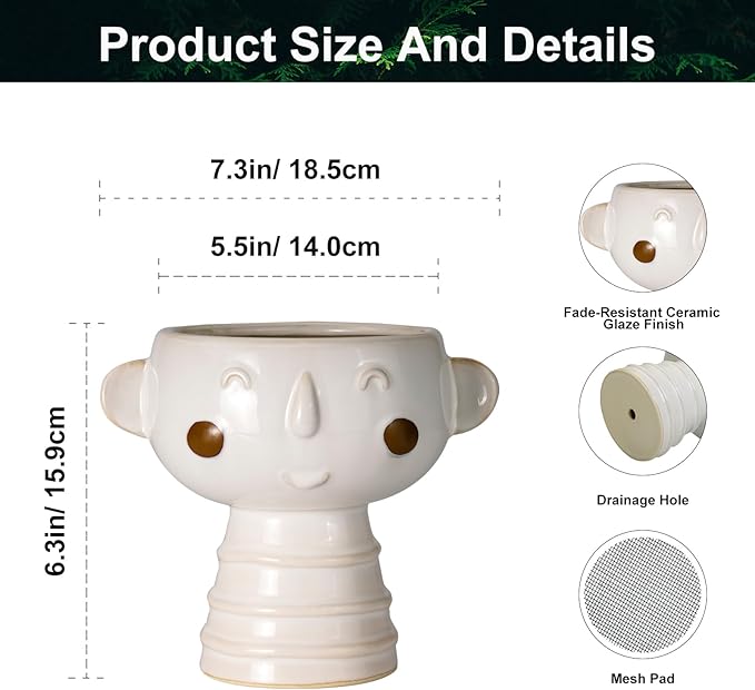 Head Planter for Indoor Plants - 7 Inch Ceramic Face Planter, Cute Succulent Pot with Drainage Hole, Indoor Outdoor Flower Plant Pot, Home Garden Decor, Gift for Plant Lovers, White