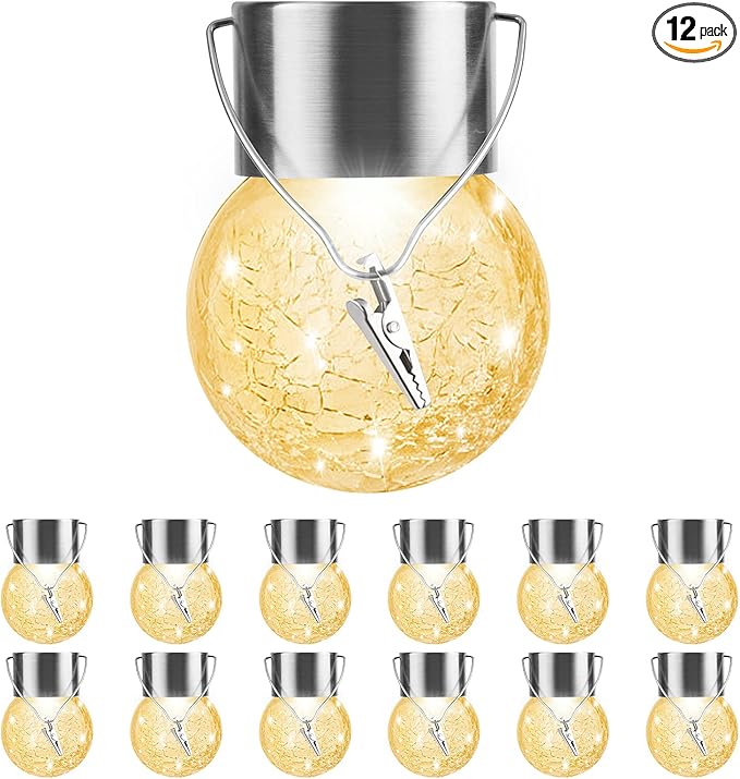 Solar Outdoor Lights Decorative 12 Pack, Hanging Solar Garden Lights Waterproof, Solar Powered Globe Lantern Cracked Glass Ball Lights for Yard Patio Fence Tree Umbrella Holiday Decoration,Warm White