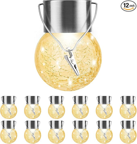 Solar Outdoor Lights Decorative 12 Pack, Hanging Solar Garden Lights Waterproof, Solar Powered Globe Lantern Cracked Glass Ball Lights for Yard Patio Fence Tree Umbrella Holiday Decoration,Warm White