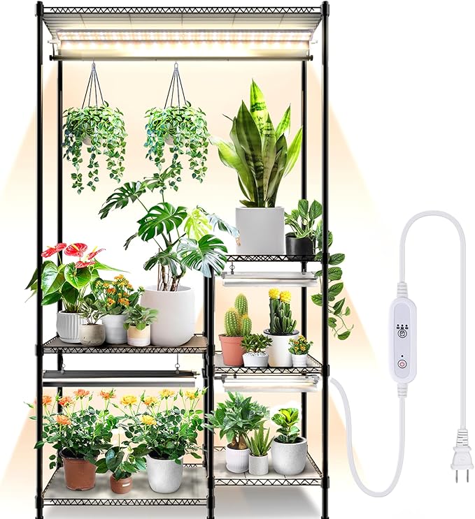 Indoor plant stand with grow light with timer, 3-Tier Metal plant shelf with grow light, 80W Full Spectrum LED Grow Light, Large plant stand for Living Room