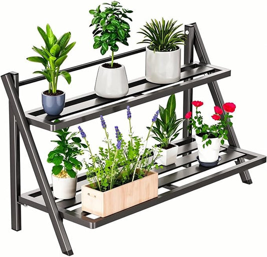 Deluxe 2-Tier Aluminum Plant Stand Indoor/Outdoor, Weather-Resistant Flower Pot Rack, Stylish & Lightweight Plant Stands for Garden, Balcony & Living Room