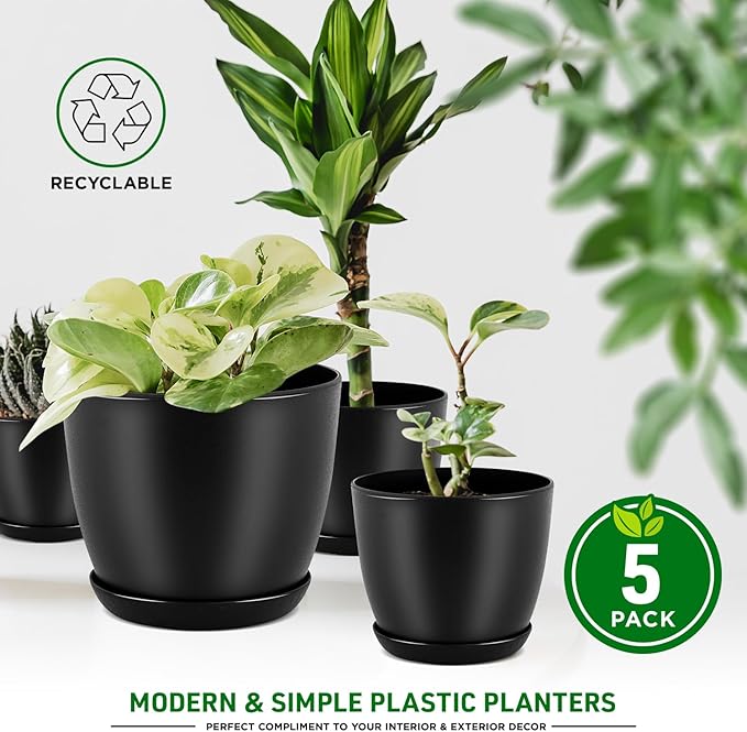 Plant Pots with Multi Drainage Holes - 5 Pieces Versatile, Sturdy Plastic, Stackable Design Home Decor Flower Pots for Indoor and Outdoor Gardening - Black