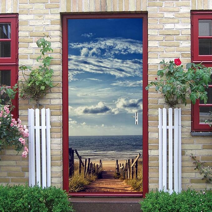 3D Door Wallpaper Self-Adhesive Door Poster - Road to The Beach - Door Film Photo Wallpaper Premium PVC Waterproof Door Sticker Wall Sticker for Bedroom Living Room Door Decoration Stickers 95 x 215