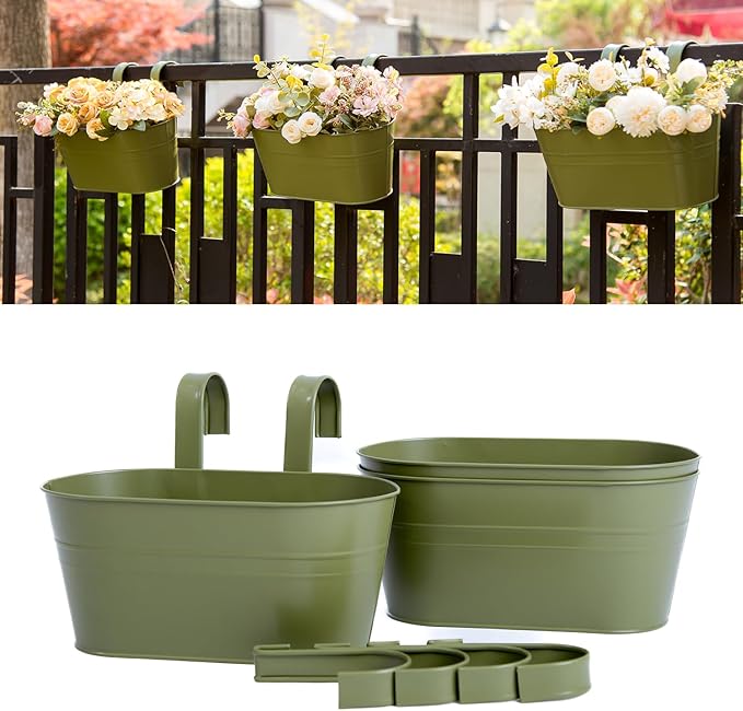 3 Pack Metal Hanging Flower Pots for Railing Fence，Outdoor Balcony Rail Planter with Detachable Hooks Drainage Holes for Deck Garden Home Decor Green