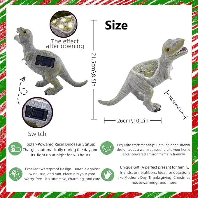 Solar Powered Lifelike Dinosaur Garden Statue Hand-Made Glass Craftsmanship Resin Outdoor Tyrannosaurus Figurine Light Decoration Home Decor Lawn Yard Patio Porch Ornament Gift