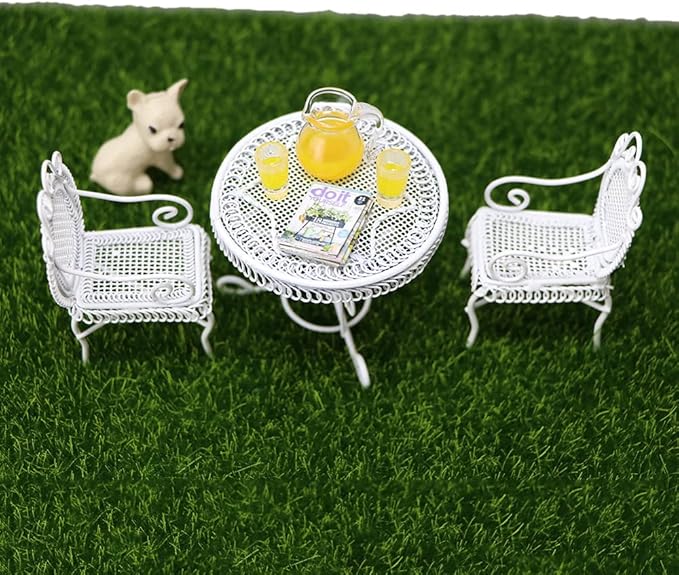Dollhouse Miniature Bistro Table & Chairs Set Accessories Metal 1:12 Scale Miniatures White Coffee/Tea Furniture Fairy Garden Cute Rustic Elegant Decorations Ornaments (A)