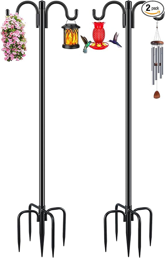 Gtongoko Double Shepherds Hook for Outdoor, 2 Pack 92.5 Inch Heavy Duty Bird Feeder Pole 3/4 Inch Thick Garden Hooks for Hanging Hummingbird Feeder, Plant Baskets, Solar Light Lanterns