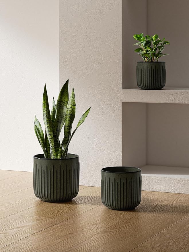 LE TAUCI Ceramic Planters for Indoor Plants, 8.3+6.9+5.7 inch Plant Pots with Drainage Holes, Cylinder Flower Pot for Indoor House Plant, Set of 3, Glaze Dark Olive