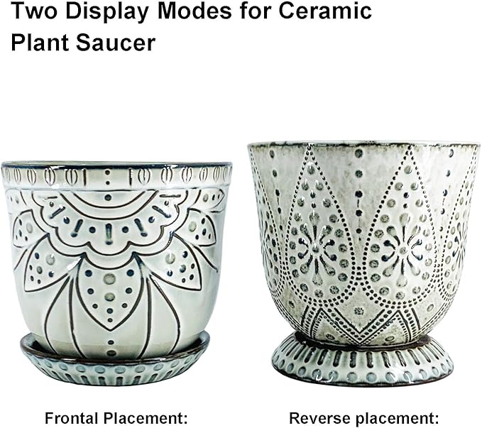 Gepege 6 Inch Beaded Ceramic Planter Set of 2 with Drainage Hole and Saucer for Plants, Indoor-Outdoor Large Round Succulent Orchid Flower Pot (Smoked Gray, Inner-pots not Larger Than 5 Inch)