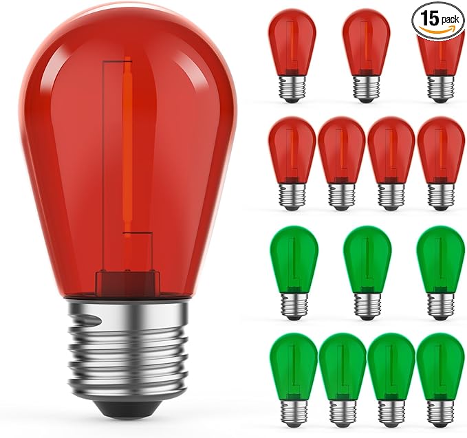 15 Pack S14 Colored LED String Light Bulbs, 1W Plastic Shatterproof Replacement Bulbs for Outdoor Patio Backyard Lights, E26 Medium Base, Dimmable, Warm White 2200K, Red/Green