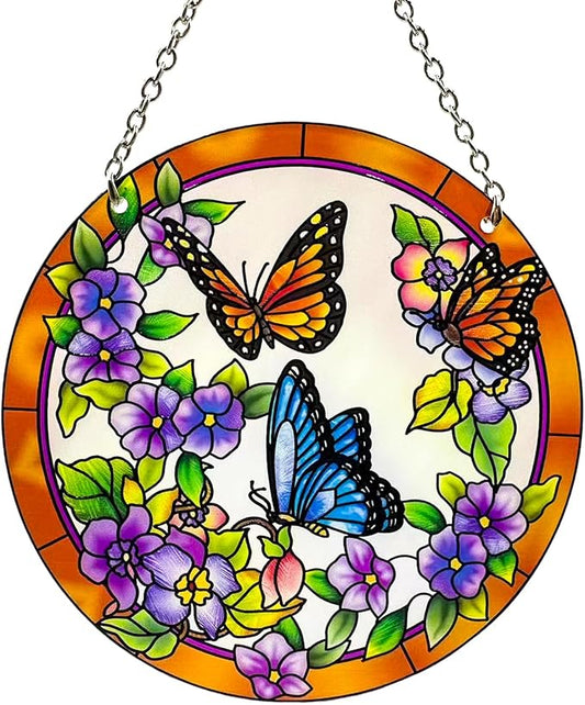 Butterfly Stained Glass Suncather Window Hangings, Colorful Flower Suncatchers 6 inch Colorful Glass Panel Sun Catchers Pretty Gifts, Decoration for Home Garden Christmas Party Wedding
