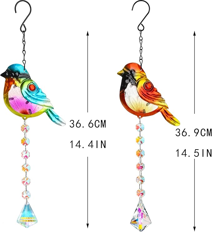 Set 2 Stained Glass Little Birds Suncatchers Rainbow Maker Crystal Prisms Hanging Suncatcher for Window Colorful Metal Birds Wall Art Fence Decorations