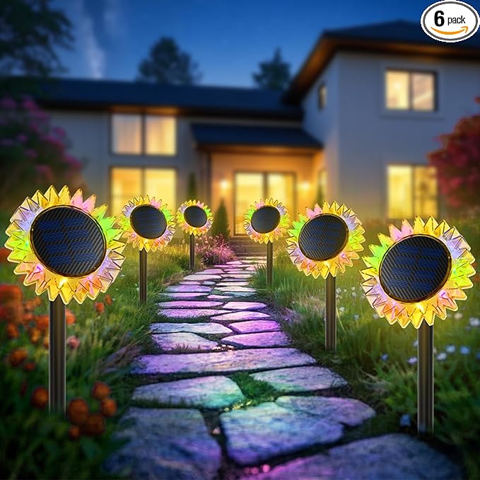 Outdoor Solar Lights, 6 Pack Led Solar Sunflower Lights, Stake/Wall 2-in-1 Waterproof Solar Garden Lights for Yard, Landscape, Fence, Patio, Driveway, Pathway, Backyard Decoration (Colourful)