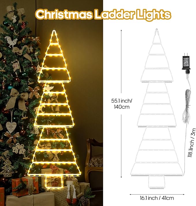 LED Christmas Lights Outdoor, 4.6ft Ladder Lights, Plug-in Christmas Tree Hanging Lights, Waterproof 8 Light Modes Christmas Decoration Lights for Indoor, Wall, Window, Garden - Warm White