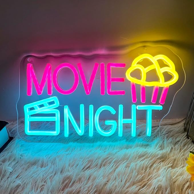 Movie Night Neon Sign With Popcorn Dimmable LED Neon Lights for Wall Decor USB Powered Light Up Signs for Bedroom Living Room Cinema Film Room Man Cave Home Bar Wedding Birthday Party