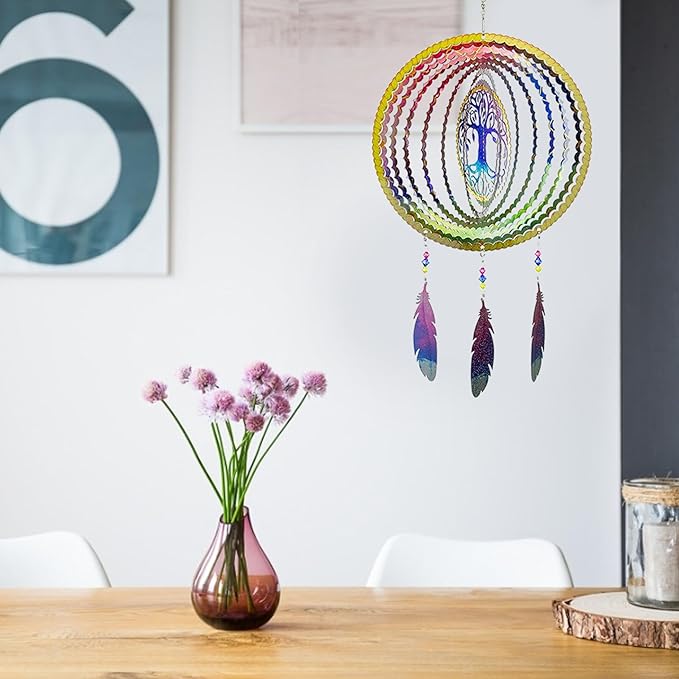 VP Home Tree of Life Dreamcatcher with Feathers Kinetic Wind Spinners - Native American Garden Decor - Sculpture Spinner for Yard and Garden Outdoor - Metal Large Hanging Dreamcatcher - 10"W x 16.5"H
