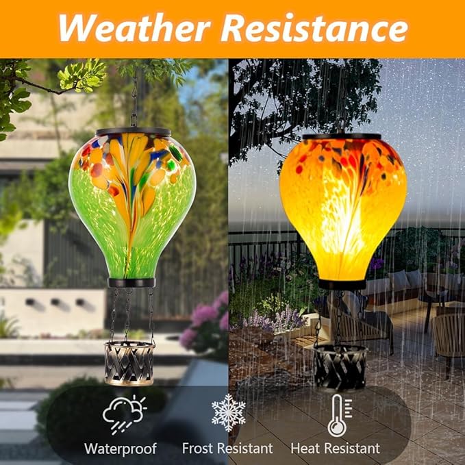Starsoul 2 PC Hot Air Balloon Solar Lantern Tie-Dye Style Glass Outdoor Hanging Solar Hot Air Balloon Lantern with Flame Light Waterproof for Garden Yard Patio Decor