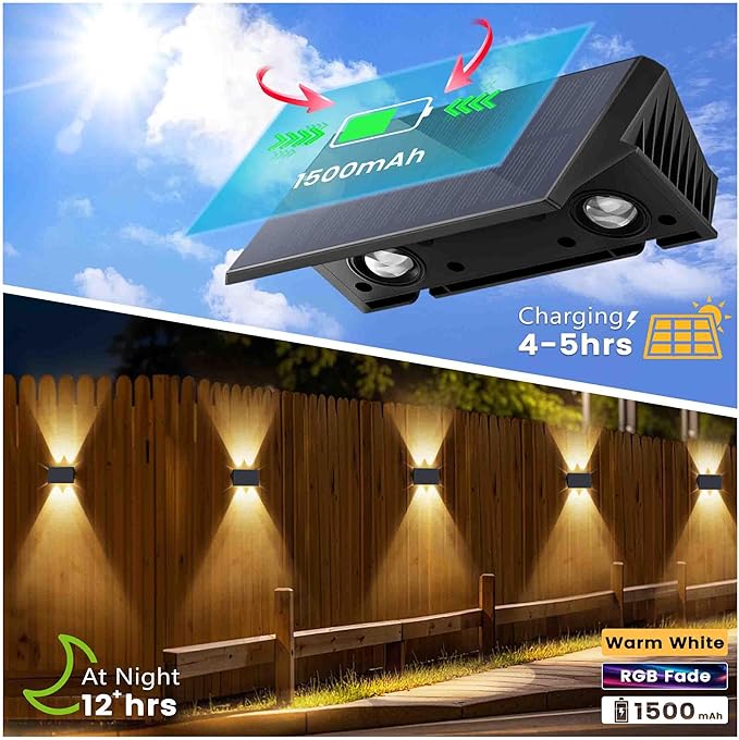 Fence Lights Solar Powered, 6-Pack Solar Fence Lights Up/Down Flexible Buttons, IP67 Waterproof for Outdoor, 120LM Bright, Auto Dusk to Dawn for Wall/Stairs/Yard/Railing/Deck/Pathway (White & RGB)