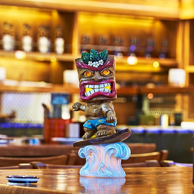 Solar Tiki Statue Outdoor Decor-Tiki Bar Decor-Garden Tiki Surfing Statues Waterproof Decoration Figurine for Tiki Bar,Patio,Balcony,Yard,Lawn,Table,Desk 9.92 Inches Tall