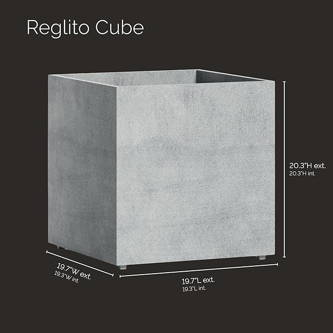 Reglito Cube Planter – Fiberglass Indoor/Outdoor and Weather-Resistant Large Planter (Concrete Stone, 19.7" L x 19.7" W x 20.3" H)