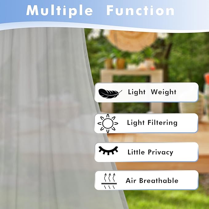 HolidayIdeas Outdoor Sheer Curtains for Patio Waterproof, 4 Panels - 54 x 84 Inch - Cloud Grey Light Filtering Voile Outside Curtains Grommet Drapes for Front Porch, Gazebo, Pergola, Backyard