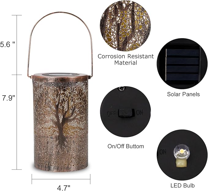 Solar Lanterns Outdoor Waterproof,Hanging Solar Tree of Life Lights Garden Decor,Gardening Birthday Gifts for Women Mom Grandma,Metal Hollowed-Out Lanterns for Yard,Patio,Backyard,Porch