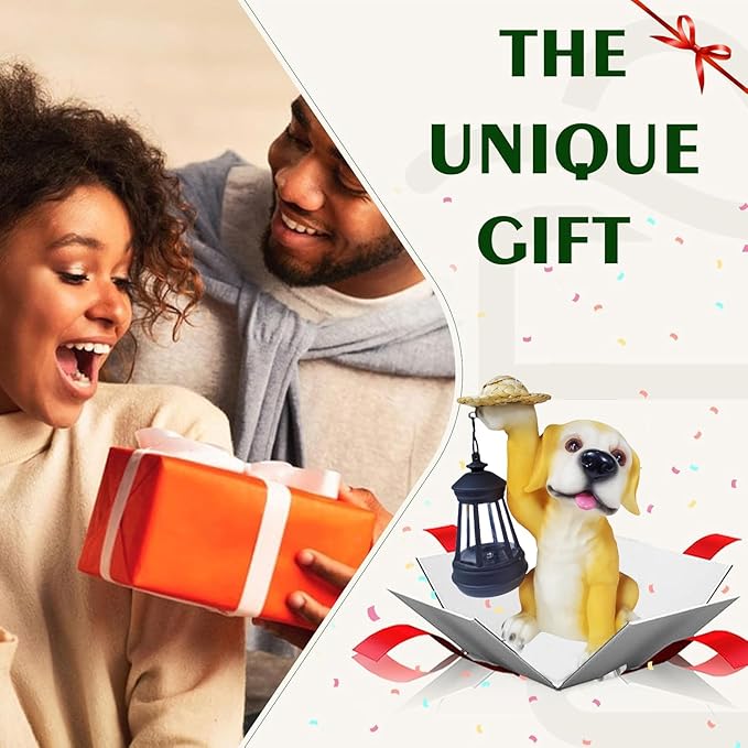 Garden Dog Statues - Adorable Resin Dog Figurines with Straw Hat and Solar LED Lantern, Puppy Decorations Outdoor Solar Light for Yard Patio Lawn Porch, Ornament Gift