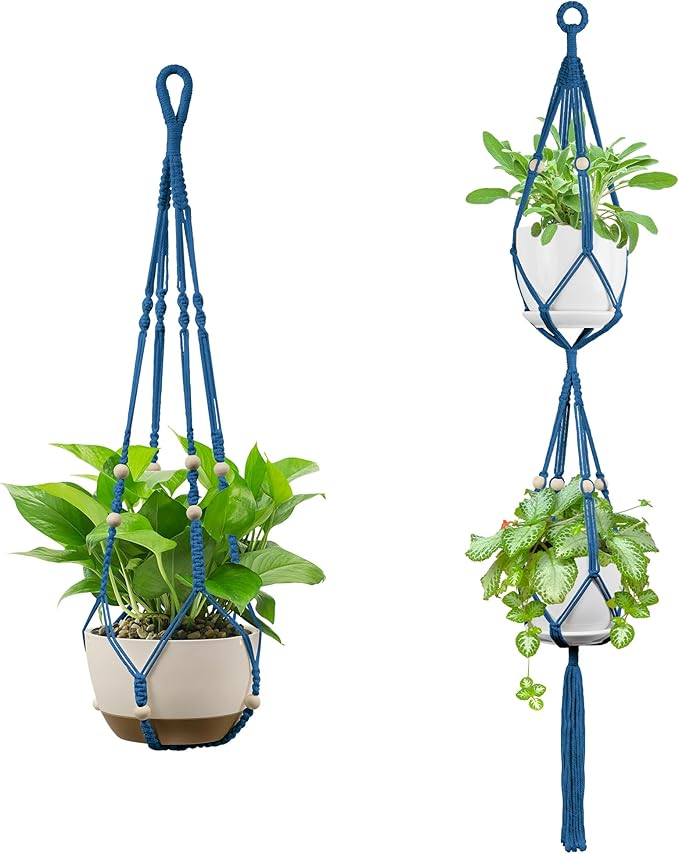 USLAI Macrame Plant Hanger Indoor Outdoor, Up to 4-15 inch Pot, Heavy 20lb Planters, Extra Long Strong Hanging Planter Basket Holder, Boho Home Decor, 35+49 Inch, Blue (POTS NOT Included)
