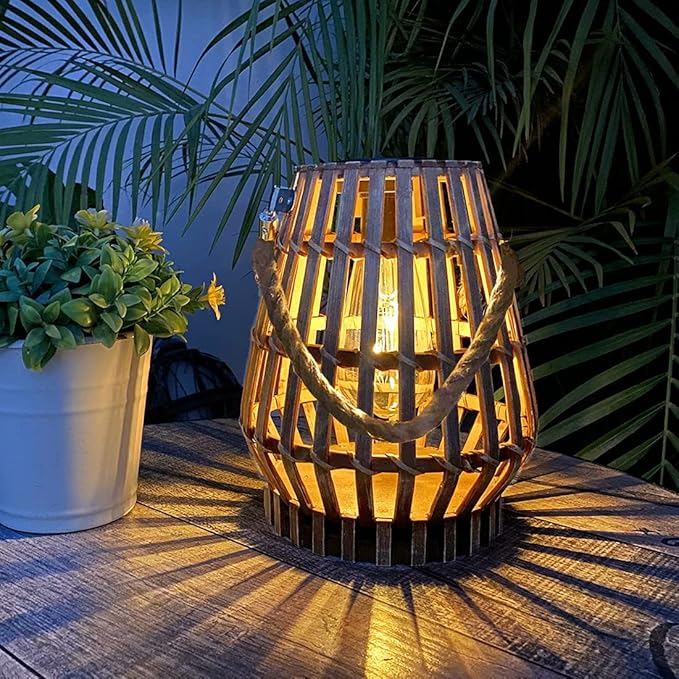 Solar Hanging Lantern Outdoor , Waterproof Natural Bamboo Lanterns with Handle Edison Bulb Design Solar Table Lamp Lights Decoration for Courtyard Patio Garden Farmhouse