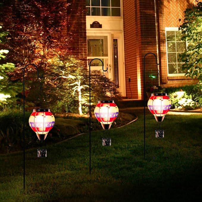DREAMSOUL Flag Hot Air Balloon Solar Lantern, Glass Solar Lantern with Flickering Flame, Hanging Waterproof Solar Lanterns Outdoor Flag Day for Patio Decor, Fourth of July Decorations Christmas Gifts