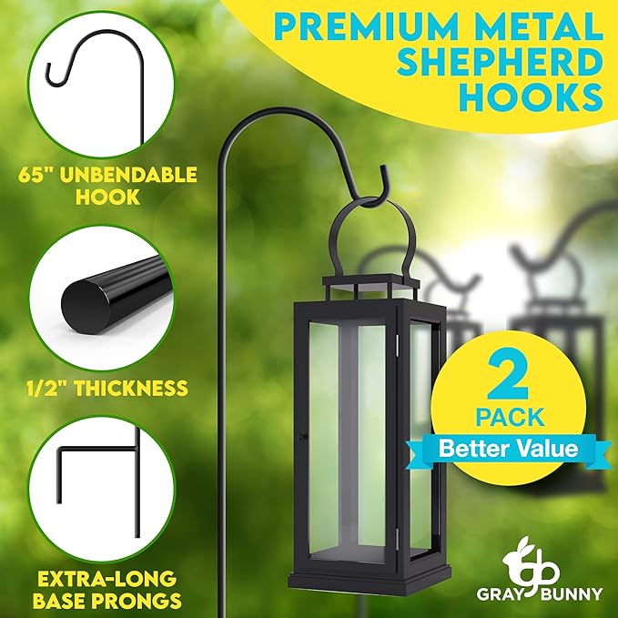 Gray Bunny 65" Shepherds Hooks for Outdoor 2 Pack, Thick Bird Feeder Pole, Hanging Plant Stand, Shepherds Hook for Bird Feeder, Non-Hollow, Non-Adjustable, Extra Long Base Prongs