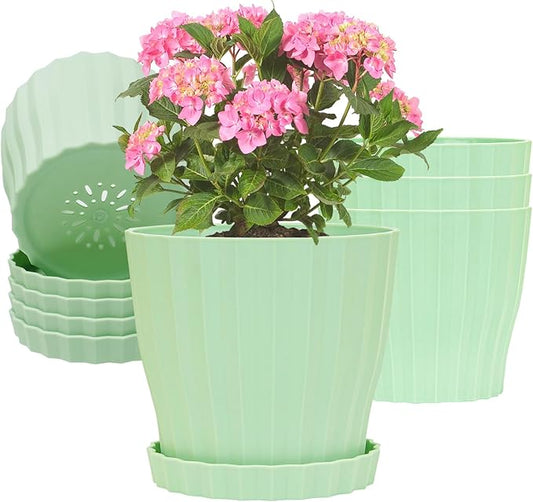 5 Pack Flower Pots for Indoor Plants, 6 inch Plant Pots Outdoor Planters for Porch Garden Office Home Decorative Holiday with Drainage Holes and Saucers, Plastic Planter Nursery Pots Green