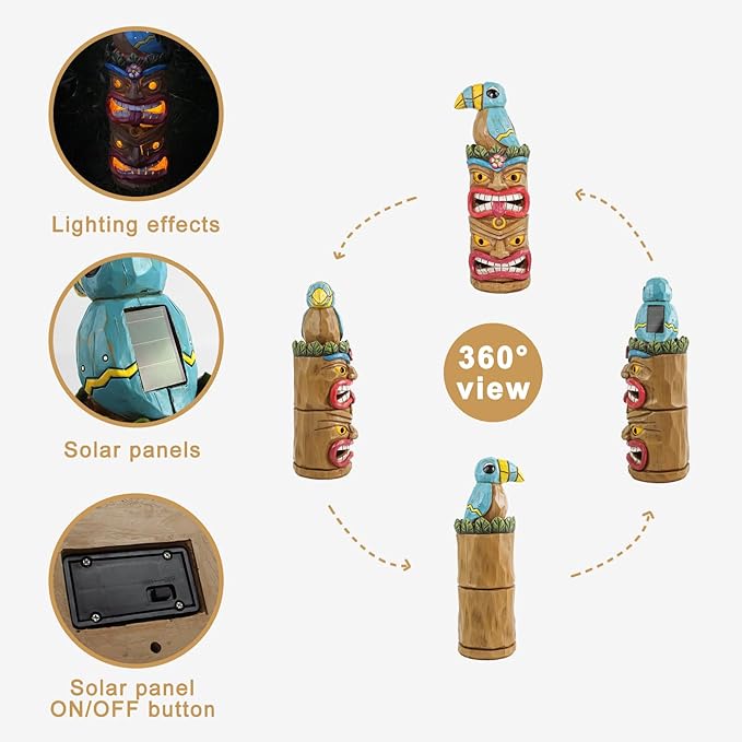 Tiki Totem Pole-Solar Tiki Statue Head Decor - 12.32 inch Tall Tiki Decorations for Tiki Bar Outdoor Patio Balcony Yard Backyard