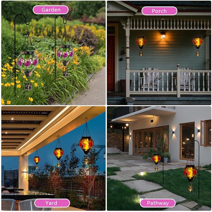 Flamingo Solar Hot Air Balloon Flickering Flame Hanging Garden Light,Glass Hot Air Balloon Solar Lanterns Outdoor Waterproof for Patio Tree Yard Decor,Flamingo Lantern Birthday Gifts for Women