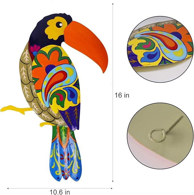 Large Metal Hornbill Wall Decor, Vivid Colorful Bird Art Wall Hanging for Indoor Outdoor Home Bedroom Office Garden (Orange)