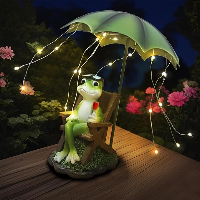 Solar Garden Frog Decor Statue Fairy Garden Accessories Outdoor Figurine LED Lights Art Housewarming Gift for Patio,Yard,Lawn Ornament Women Gardening Decoration Gifts