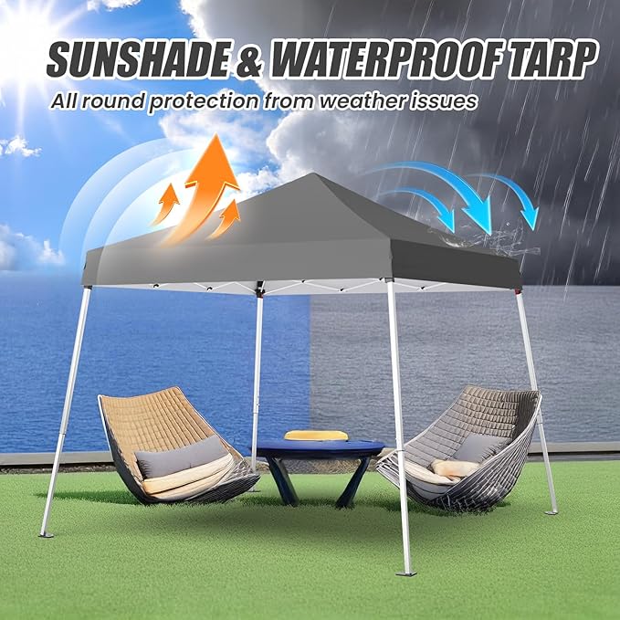 10x10 Pop Up Canopy, 300D Silver Coated Grey Fabric Outdoor Gazebo, Beach Tent Slant Legs with Storage Bag,Easy Up Sun Shade Shelter Tents with 8x8 Top Cover for Patio,Party