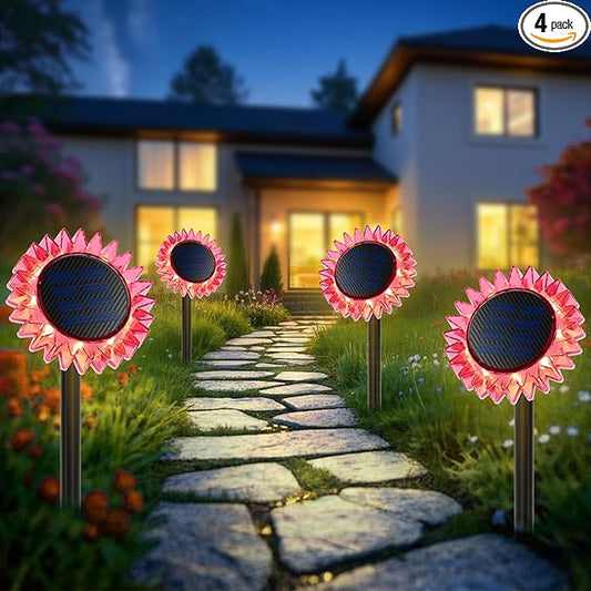 Outdoor Solar Lights, 4 Pack Led Solar Sunflower Lights, Stake/Wall 2-in-1 Waterproof Solar Garden Lights for Yard, Landscape, Fence, Patio, Driveway, Pathway, Backyard Decoration (Warm White)