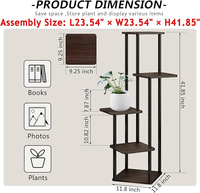 AZERPIAN Plant Stand 5 Tier Indoor Metal Flower Shelf for Multiple Plants Corner Tall Flower Holders for Patio Garden Living Room Balcony Bedroom, Black Oak (5 Tier-Black Oak)