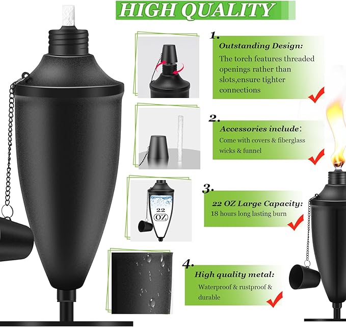 4 Pack Metal Tabletop Torches,22 oz Citronella Torches for Outside, Refillable Outdoor Flame Torch Light, Comes with Wicks and Covers, Ideal for Parties, Landscape, Garden Decor, DIY