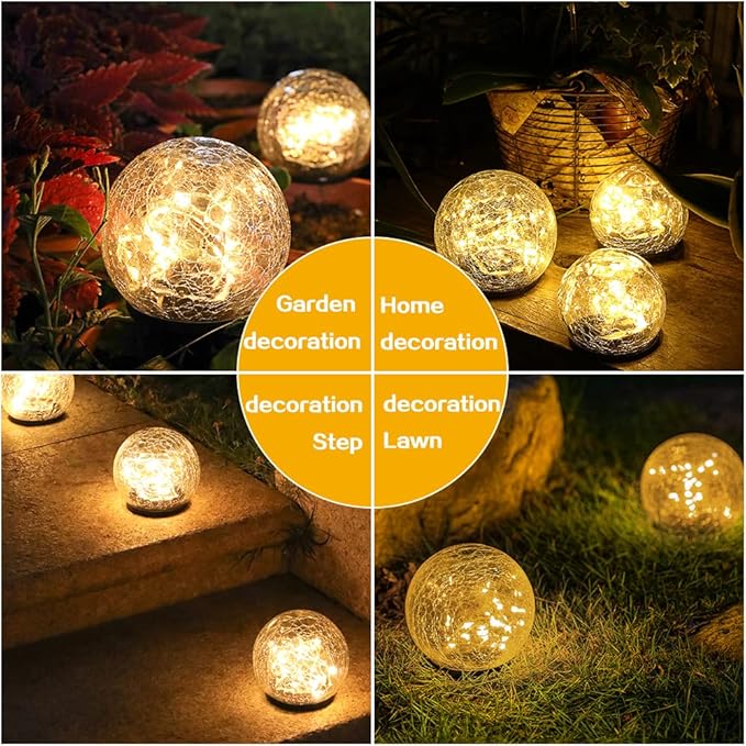 TOMEX 4 Pack Solar Garden Lights, Cracked Glass Ball Waterproof Warm White LED for Outdoor Decor Decorations Pathway Patio Yard Lawn, 4 Pack (4.7")