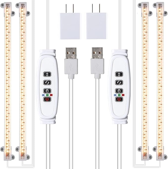 Two Strip Growing Lamp 2-Pack for Indoor Plants, 3000K Full Spectrum LED Grow Light Strips with Auto ON/Off 3/9/12H Timer & 10 Dimmable Levels for Green House Succulent (2 Head×2pcs)