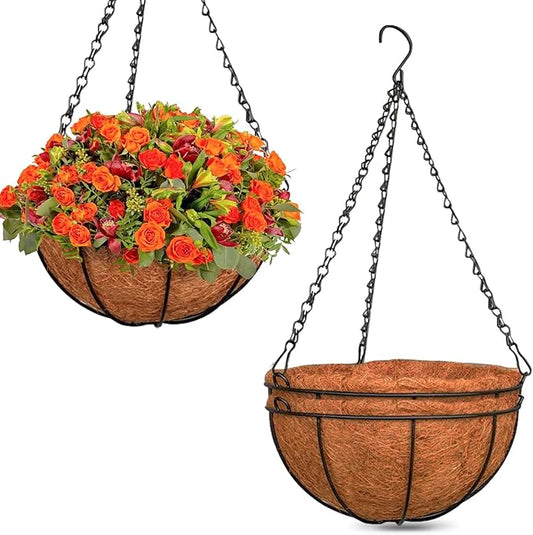 ZeeDix 3 Pack 12 Inch Metal Round Hanging Planter Basket with Coconut Liners Replacement, Hanging planters Baskets with Natural Coco Liner for Outdoor Indoor Planters Flowers Vegetables