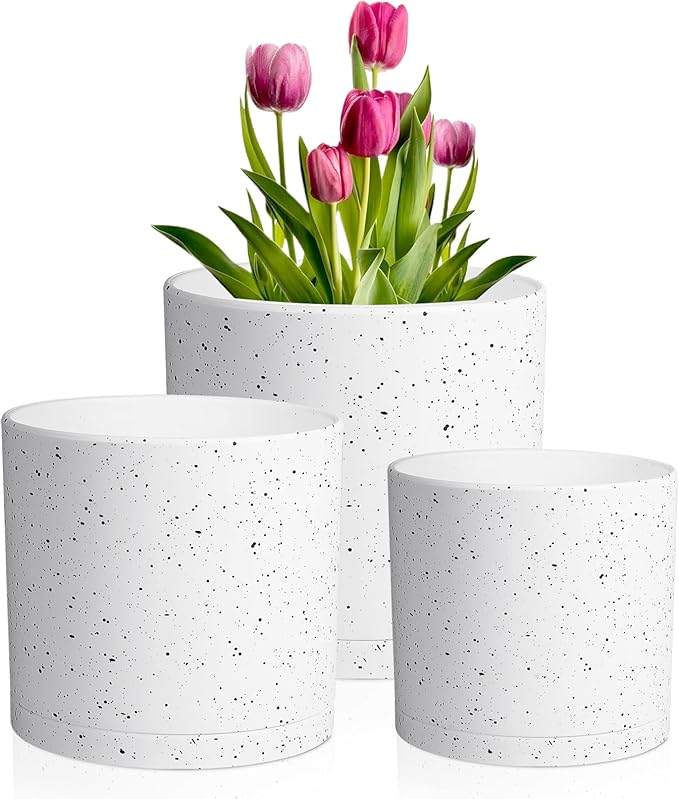 8/7/6 inch Flower Pots, 3 Set Cylindrical Plant Pots for Outdoor Indoor Plants, Decorative Plastic Planters with Drainage Holes and Saucers for Garden House Plants, White with Black Speckles