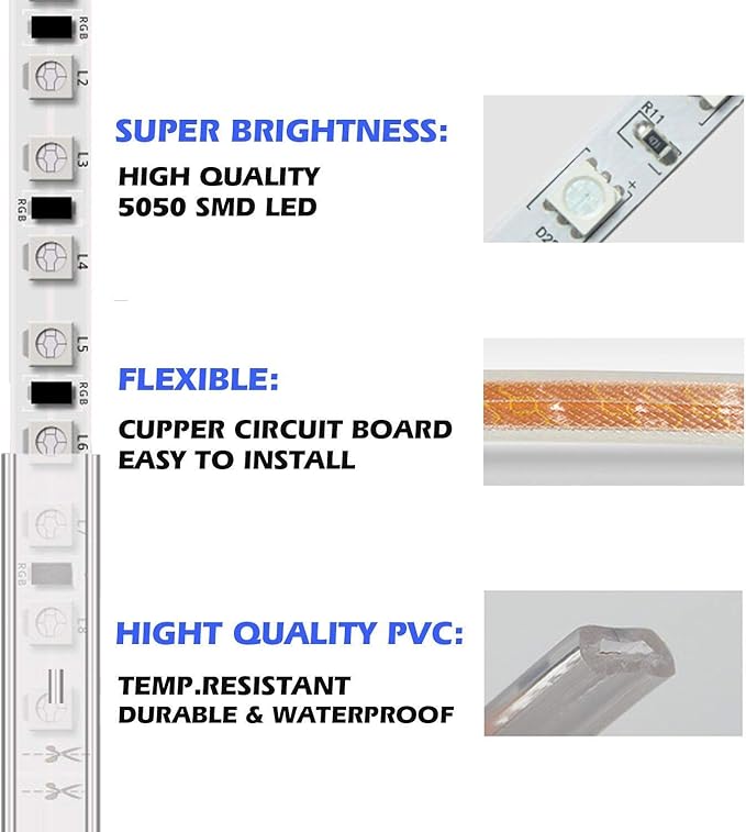 5050-60 Type AC 110-120V RGB LED Strip Lights, Flexible/Waterproof/Dimmable/Multi-Colors/Multi-Modes LED Rope Light + 24 Keys Remote for Home/Garden/Building Decoration (164ft/50m, RGB)