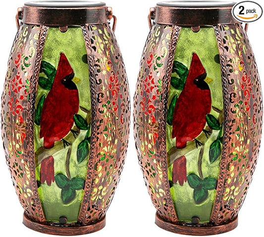 2PCS Cardinal Solar Lanterns Glass & Metal Hanging Light Outdoor Waterproof 16" H Tabletop Lamp with Hollowed-Out Design with Shepherd's Hooks for Garden Patio Table Decor, Green