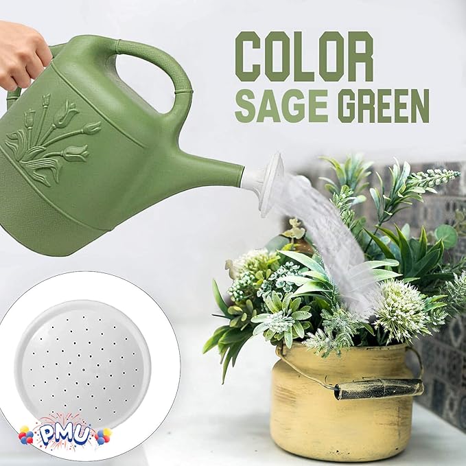 PMU 2 Gallon Watering Can - Garden Watering Can for Indoor & Outdoor Plants - Plastic Water Can with Detachable Sprinkler Head - Large Water Pot, Made in USA - Sage Green Pkg/1
